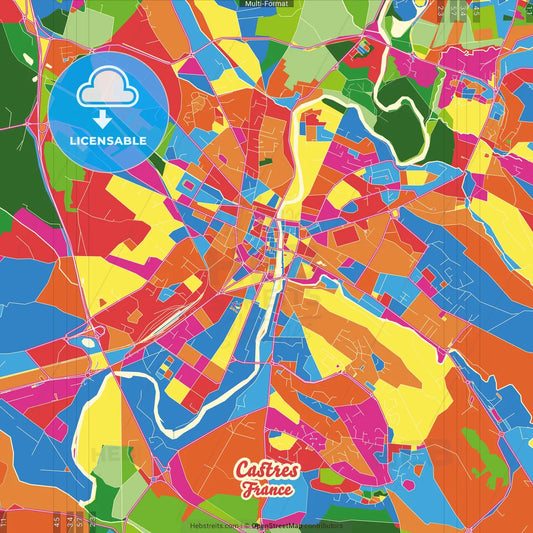 Castres, Tarn, France Crazy Colorful Street Map Poster Template