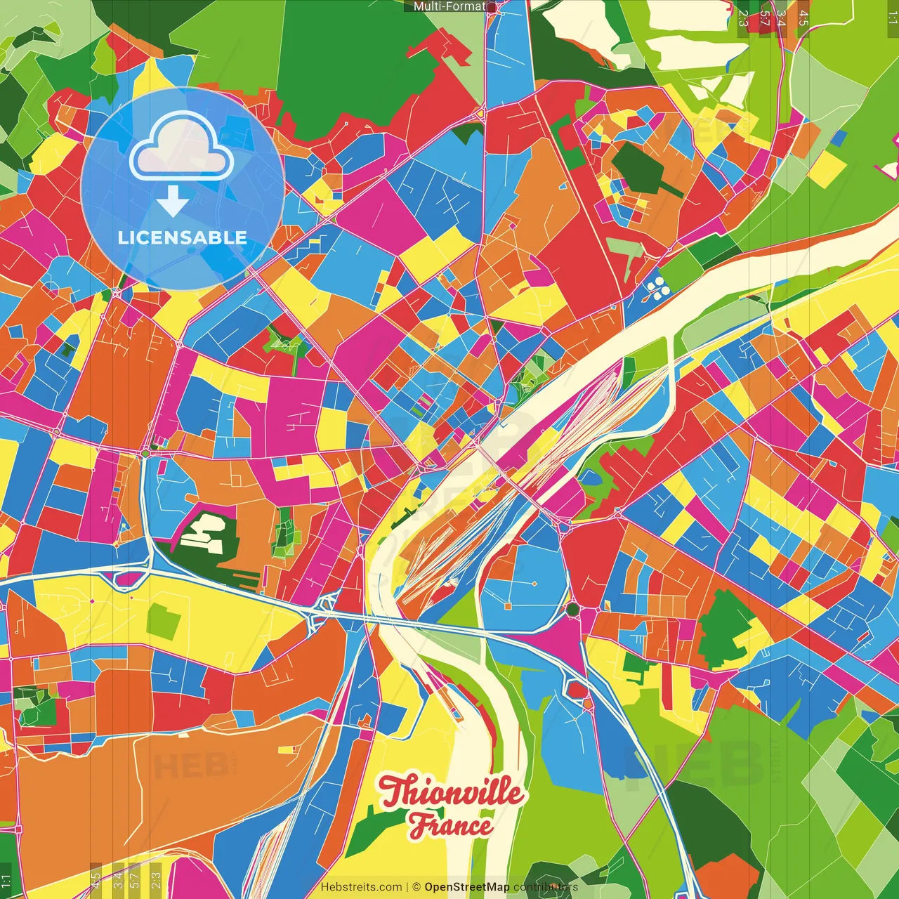 Thionville, Moselle, France Crazy Colorful Street Map Poster Template