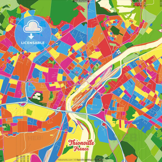Thionville, Moselle, France Crazy Colorful Street Map Poster Template
