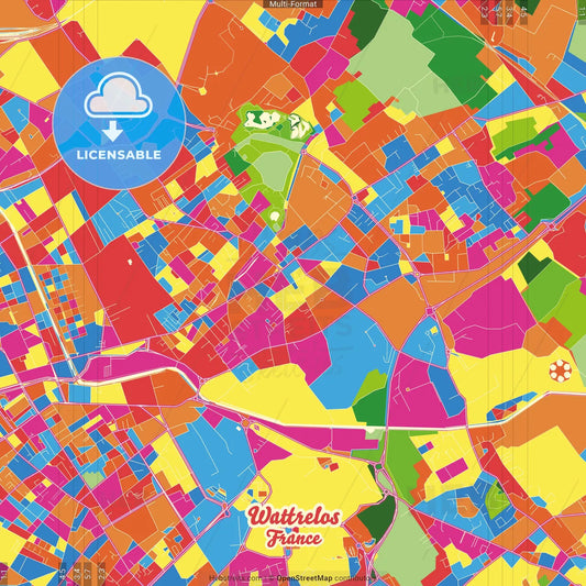 Wattrelos, Nord, France Crazy Colorful Street Map Poster Template