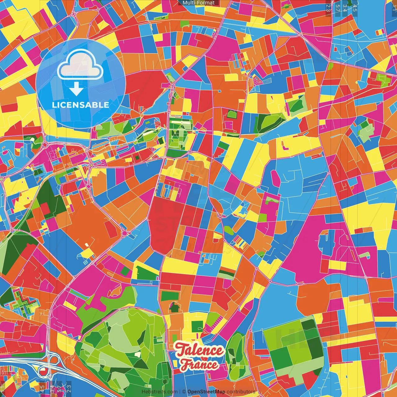 Talence, Gironde, France Crazy Colorful Street Map Poster Template