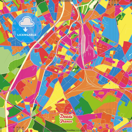 Douai, Nord, France Crazy Colorful Street Map Poster Template