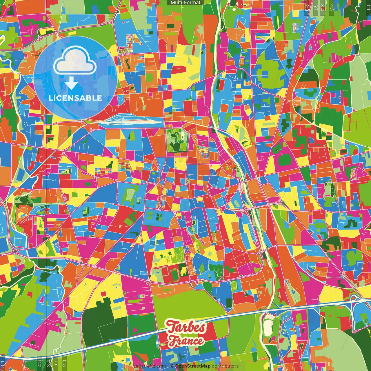 Tarbes, Hautes-Pyrénées, France Crazy Colorful Street Map Poster Template