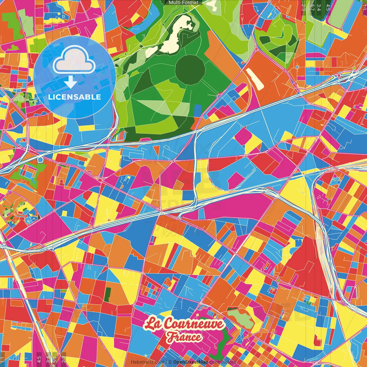 La Courneuve, Seine-Saint-Denis, France Crazy Colorful Street Map Poster Template