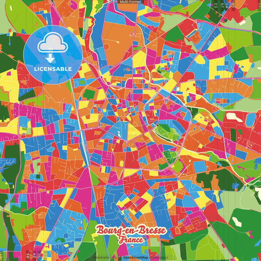 Bourg-en-Bresse, Ain, France Crazy Colorful Street Map Poster Template