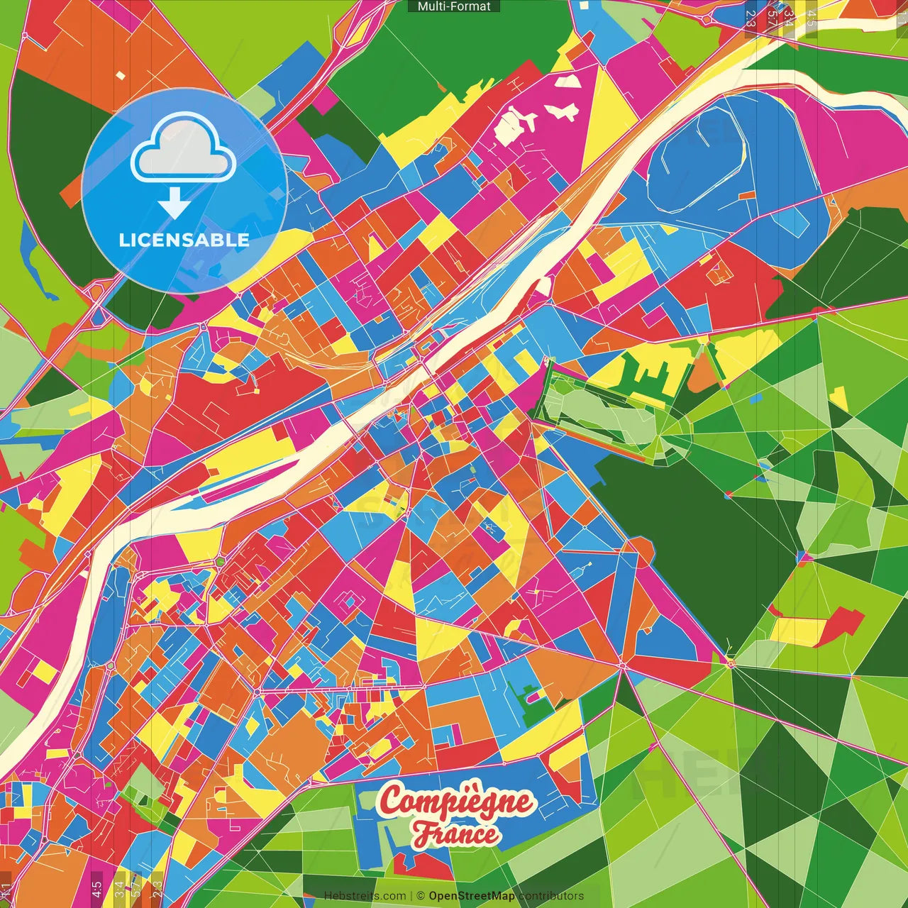 Compiègne, Oise, France Crazy Colorful Street Map Poster Template