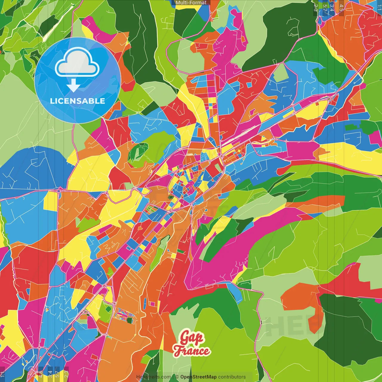 Gap, Hautes-Alpes, France Crazy Colorful Street Map Poster Template