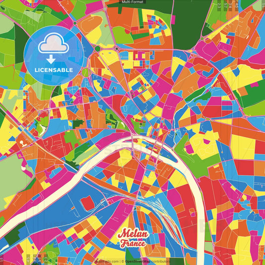 Melun, Seine-et-Marne, France Crazy Colorful Street Map Poster Template