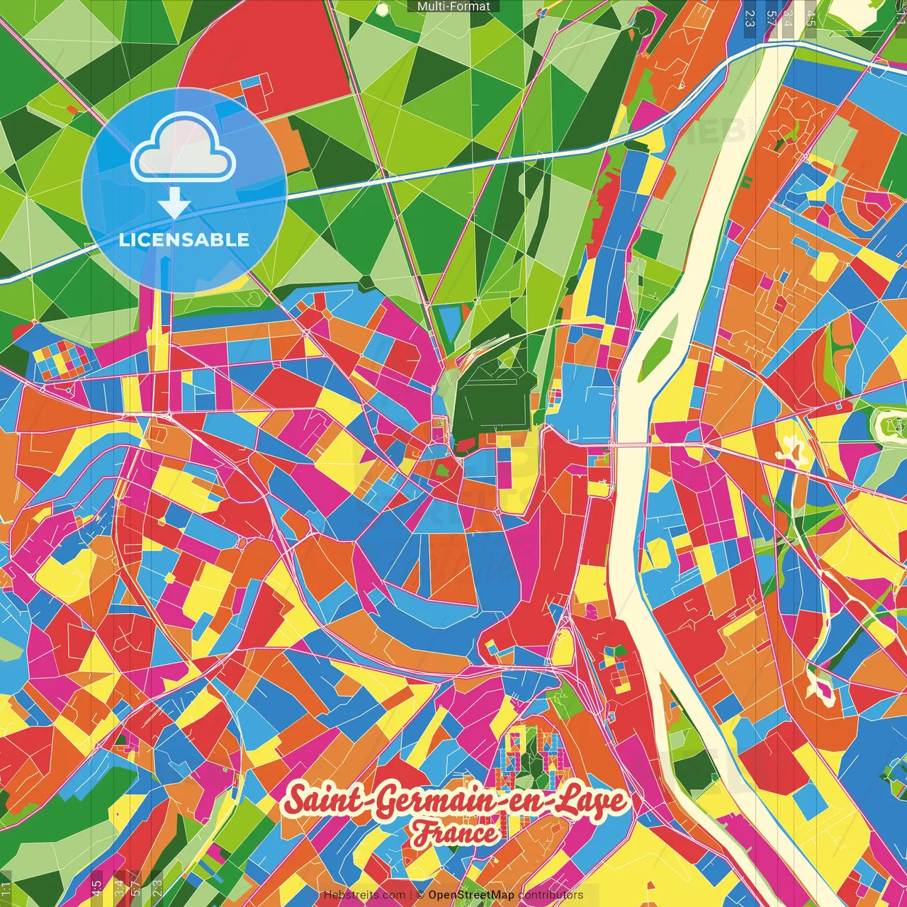 Saint-Germain-en-Laye, Yvelines, France Crazy Colorful Street Map Poster Template