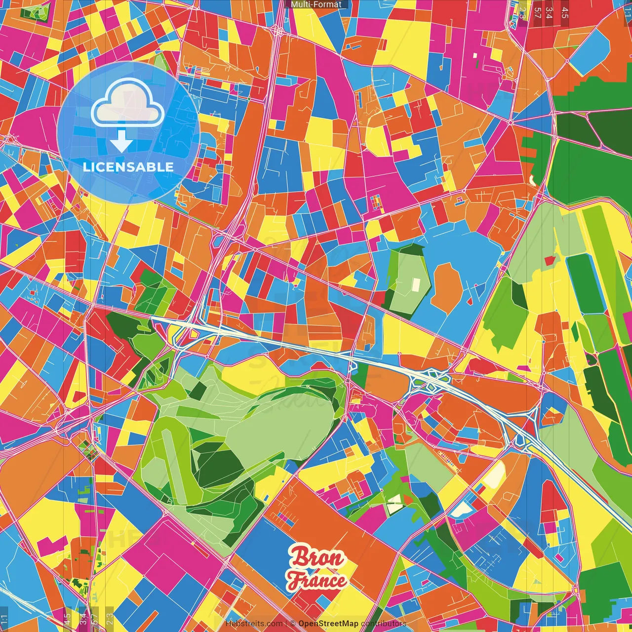 Bron, Rhône, France Crazy Colorful Street Map Poster Template
