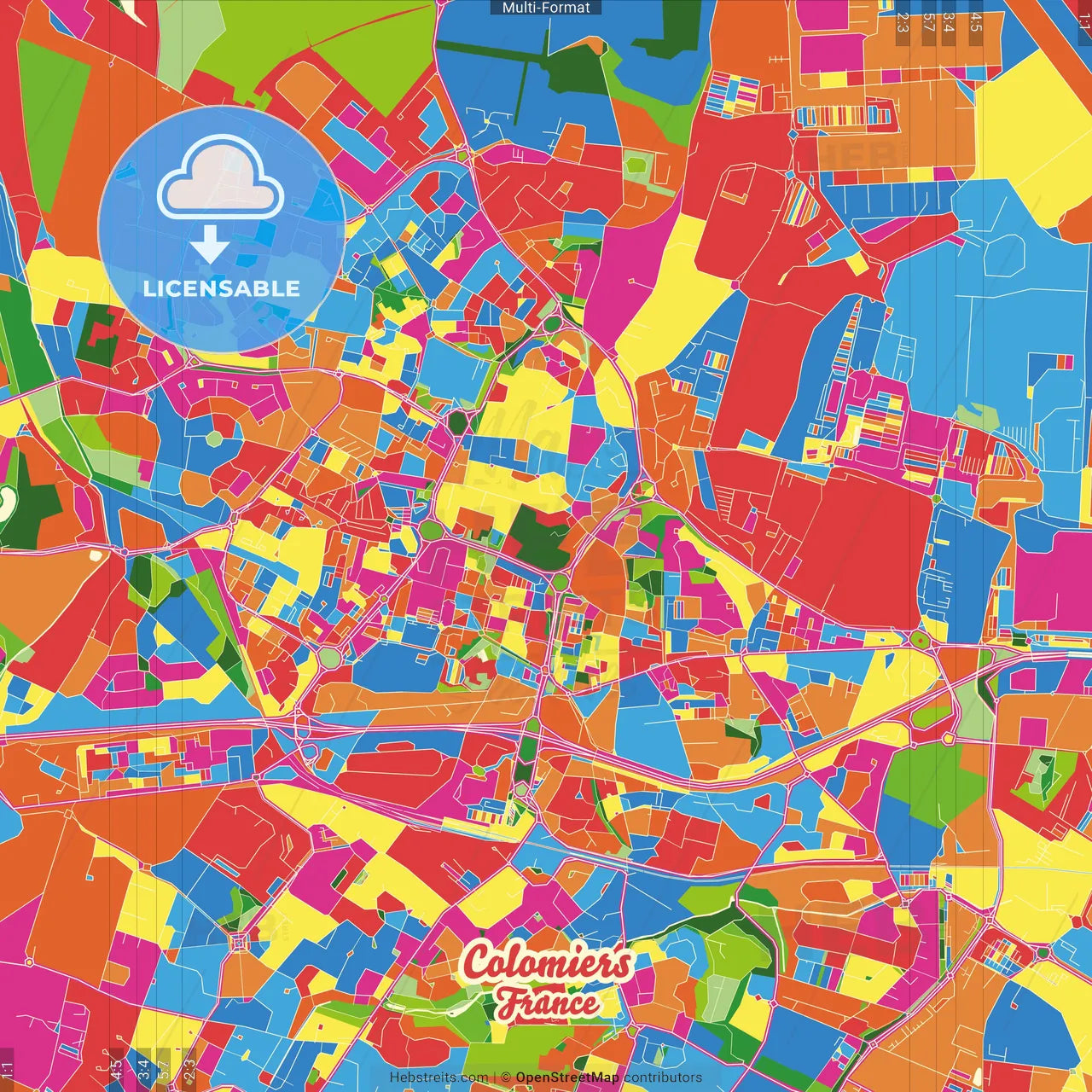 Colomiers, Haute-Garonne, France Crazy Colorful Street Map Poster Template