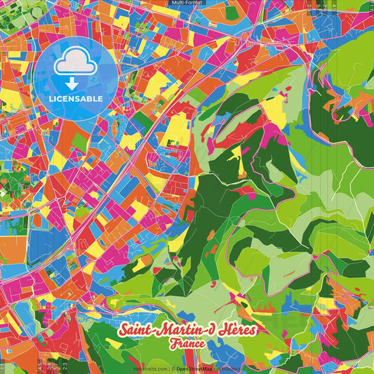 Saint-Martin-d Hères, Isère, France Crazy Colorful Street Map Poster Template