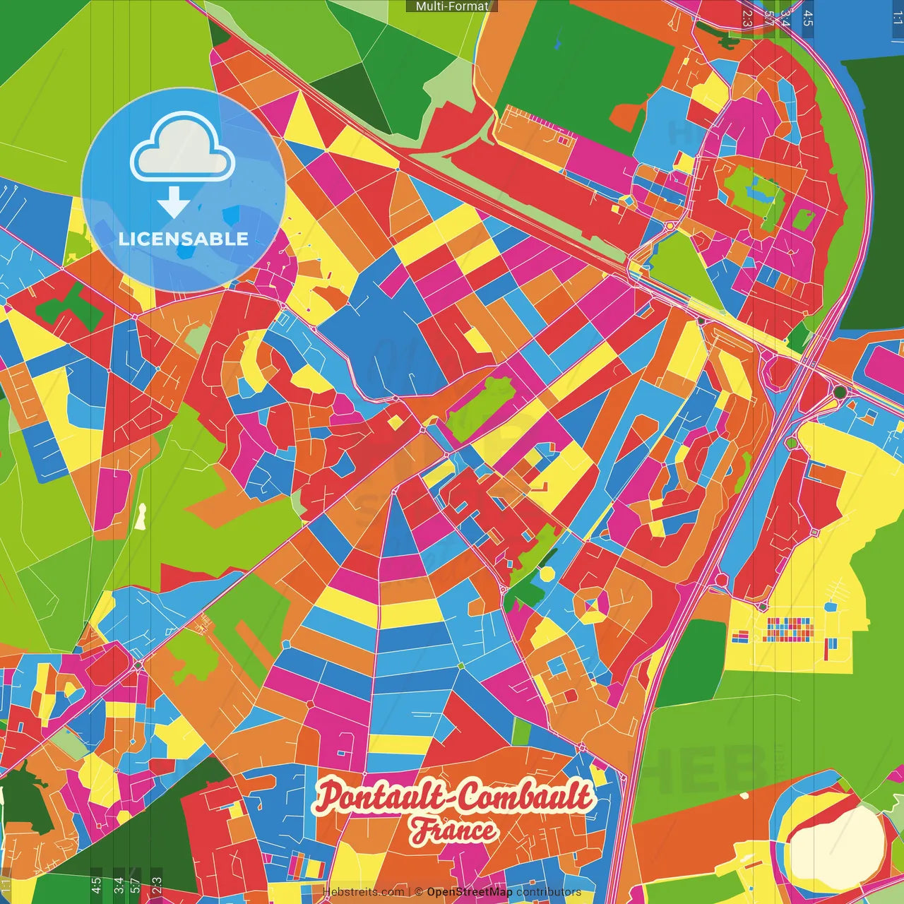 Pontault-Combault, Seine-et-Marne, France Crazy Colorful Street Map Poster Template