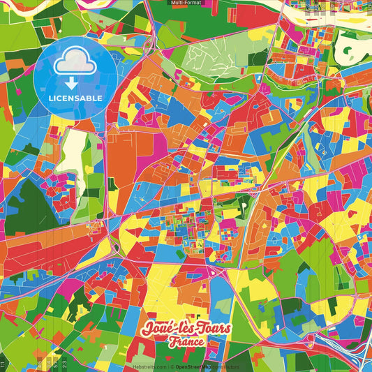 Joué-lès-Tours, Indre-et-Loire, France Crazy Colorful Street Map Poster Template