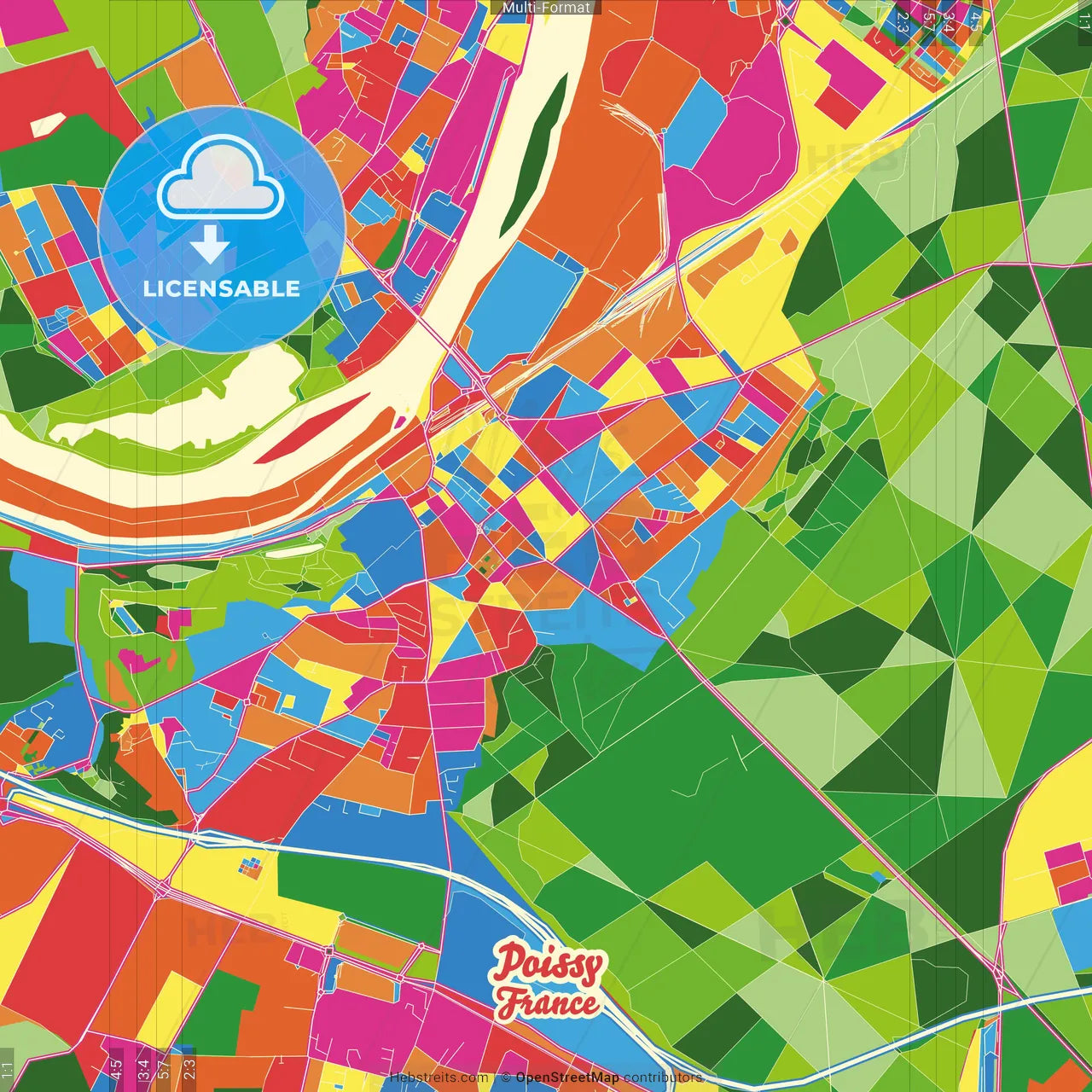 Poissy, Yvelines, France Crazy Colorful Street Map Poster Template