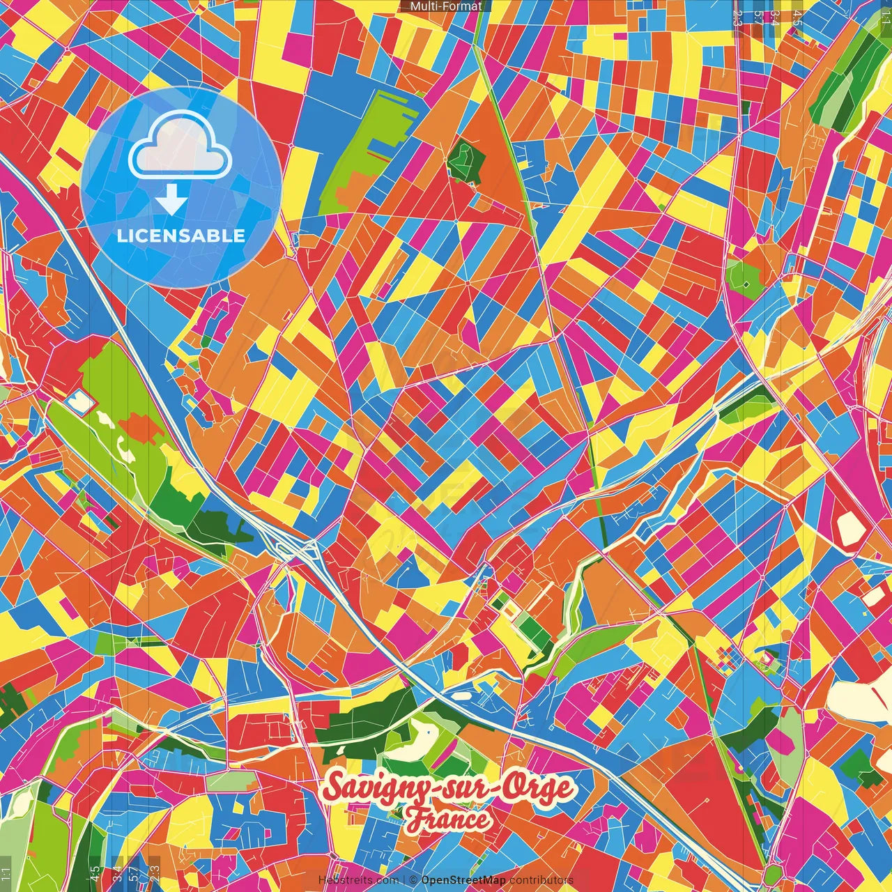 Savigny-sur-Orge, Essonne, France Crazy Colorful Street Map Poster Template