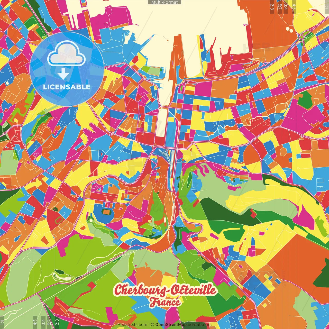 Cherbourg-Octeville, Manche, France Crazy Colorful Street Map Poster Template