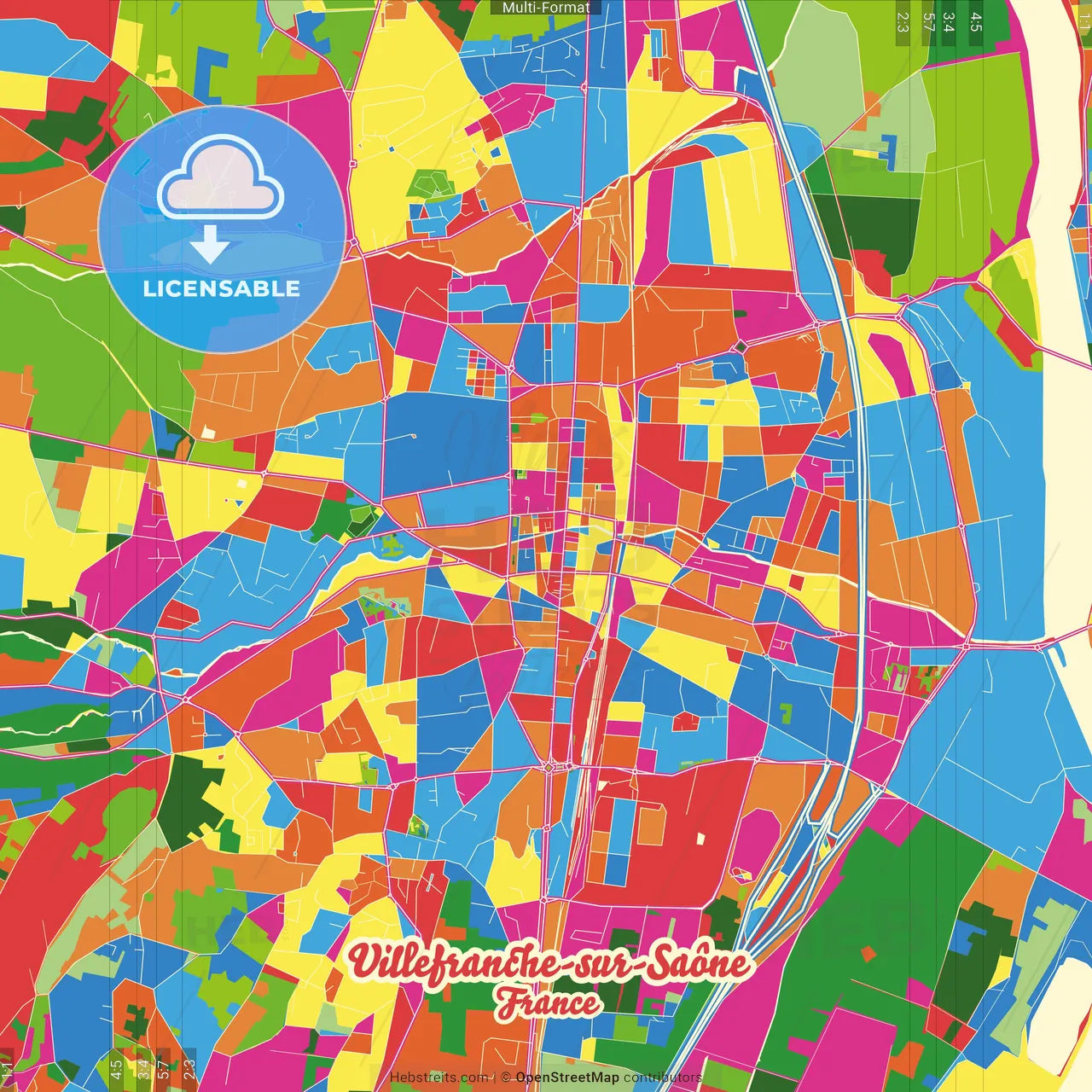 Villefranche-sur-Saône, Rhône, France Crazy Colorful Street Map Poster Template