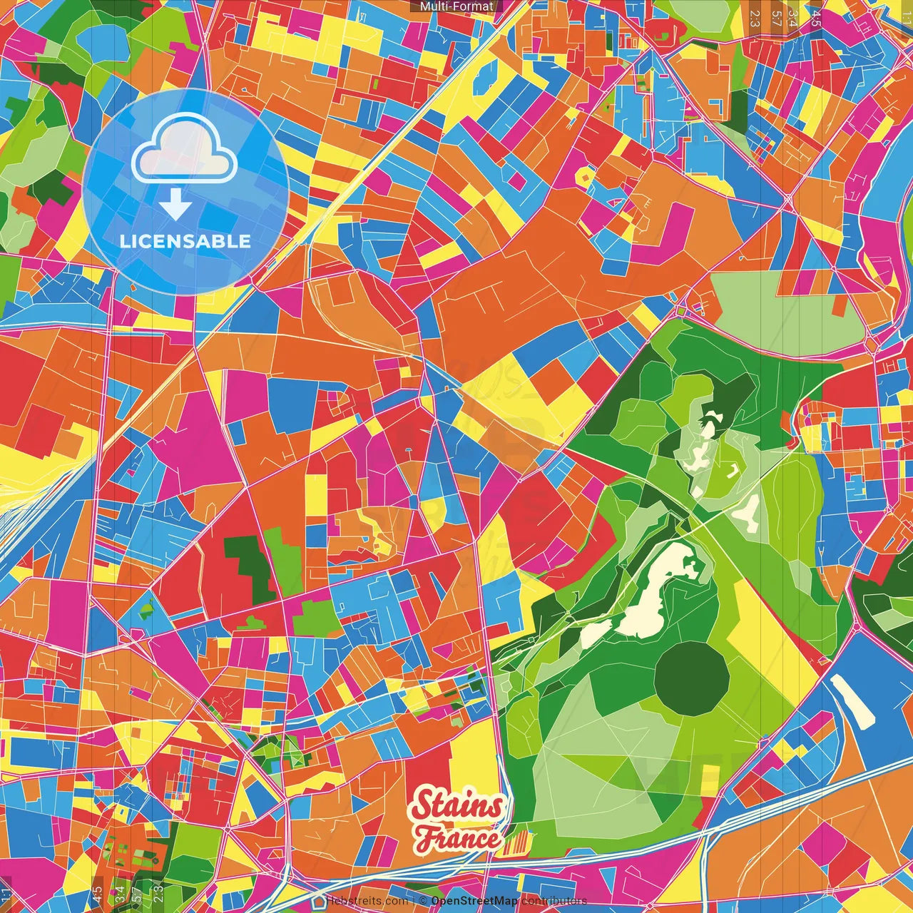 Stains, Seine-Saint-Denis, France Crazy Colorful Street Map Poster Template