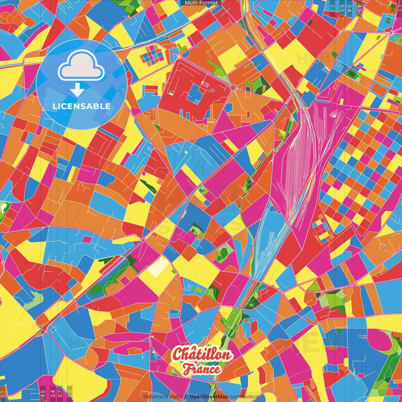 Châtillon, Hauts-de-Seine, France Crazy Colorful Street Map Poster Template