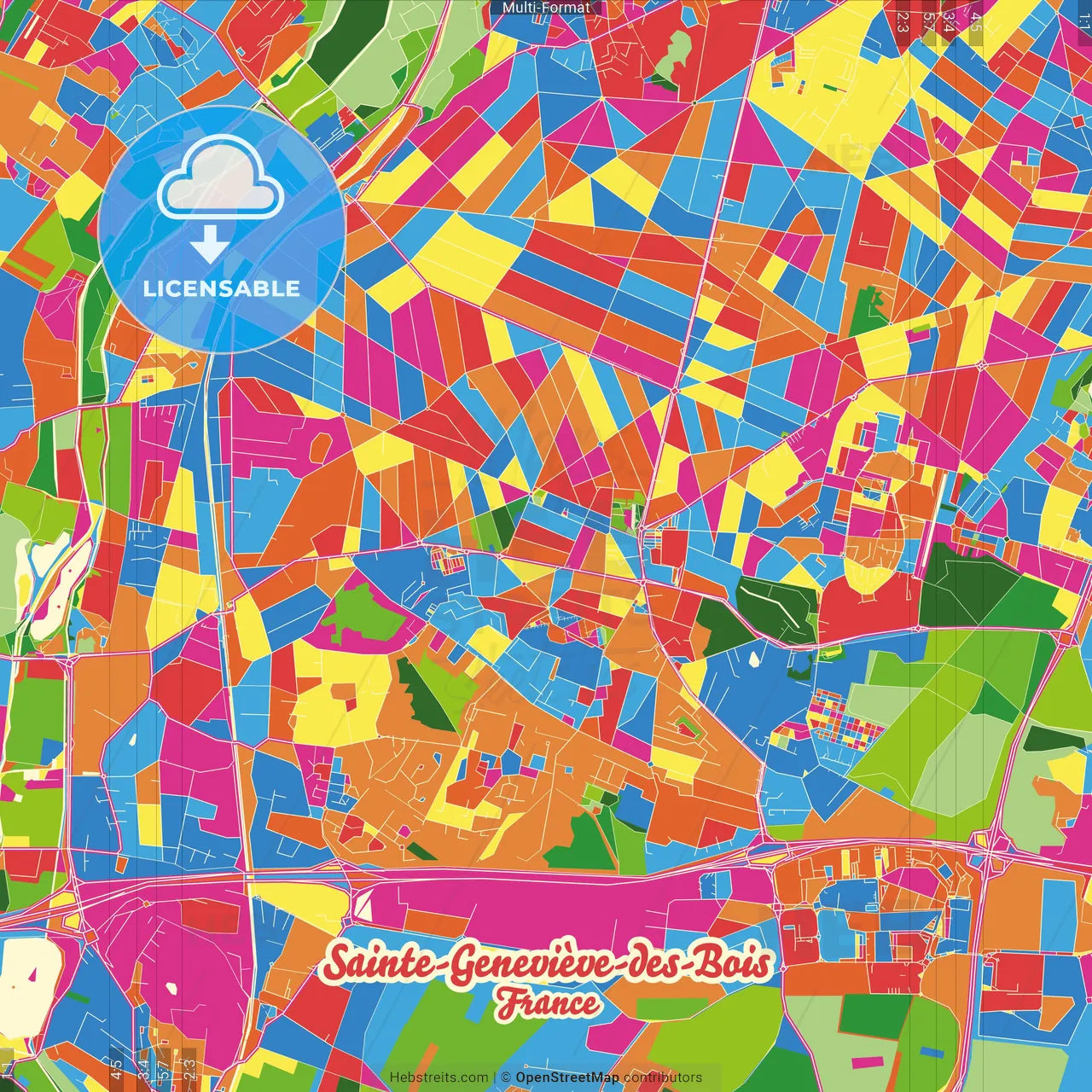 Sainte-Geneviève-des-Bois, Essonne, France Crazy Colorful Street Map Poster Template