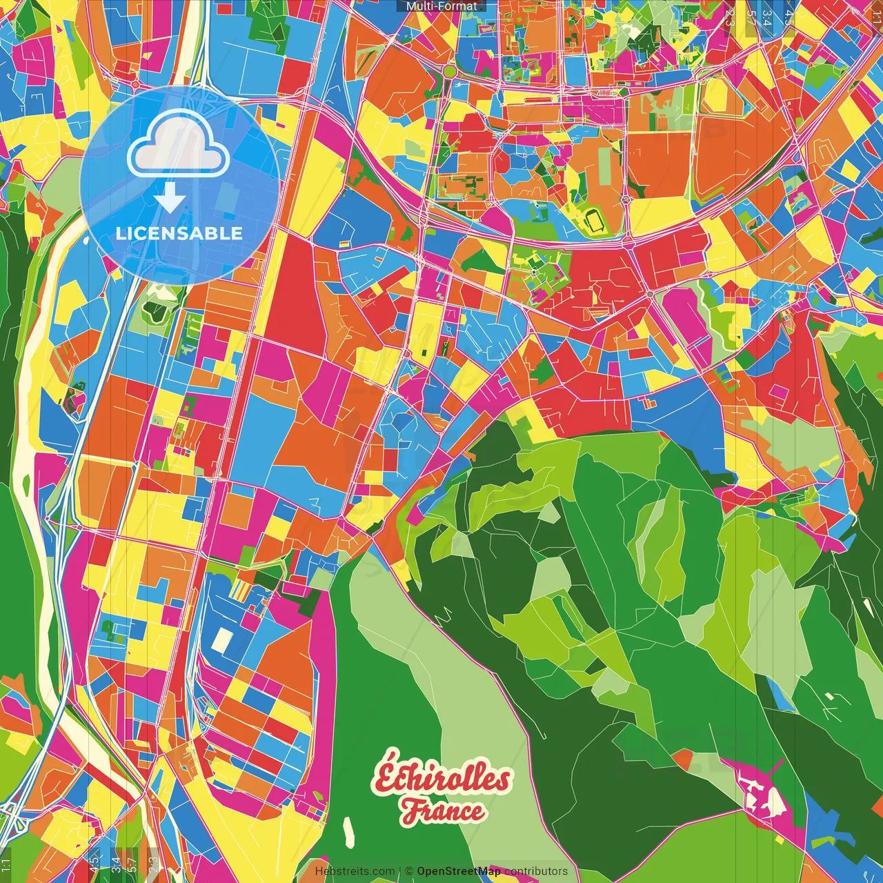 Échirolles, Isère, France Crazy Colorful Street Map Poster Template