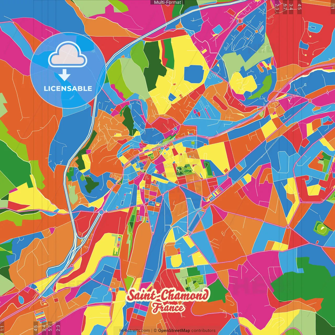 Saint-Chamond, Loire, France Crazy Colorful Street Map Poster Template