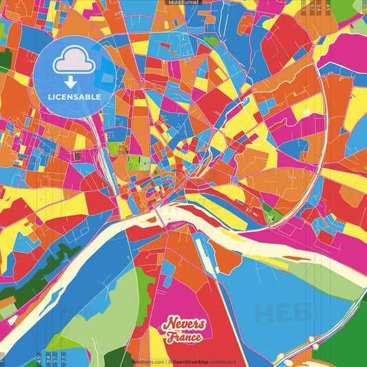 Nevers, Nièvre, France Crazy Colorful Street Map Poster Template