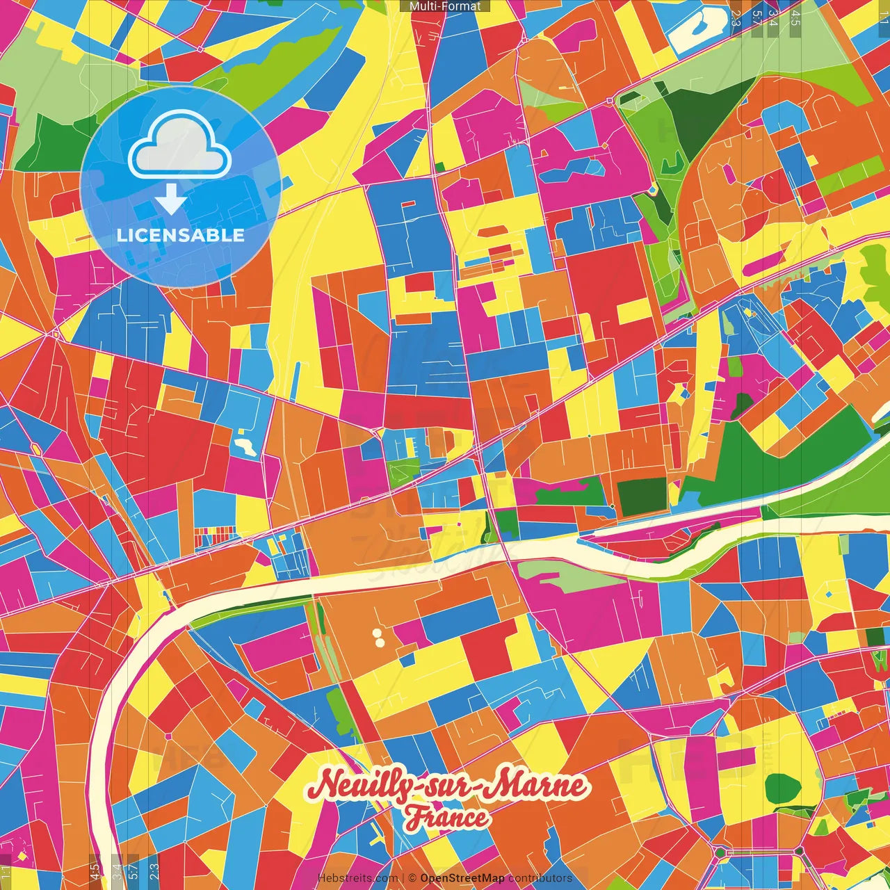Neuilly-sur-Marne, Seine-Saint-Denis, France Crazy Colorful Street Map Poster Template