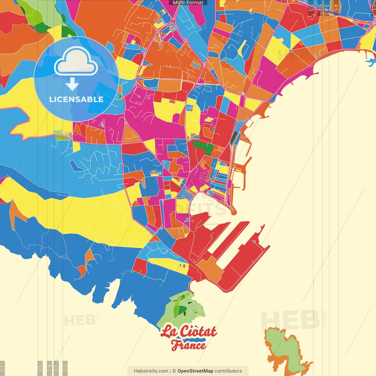 La Ciotat, Bouches-du-Rhône, France Crazy Colorful Street Map Poster Template
