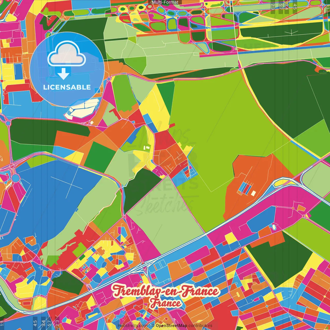 Tremblay-en-France, Seine-Saint-Denis, France Crazy Colorful Street Map Poster Template