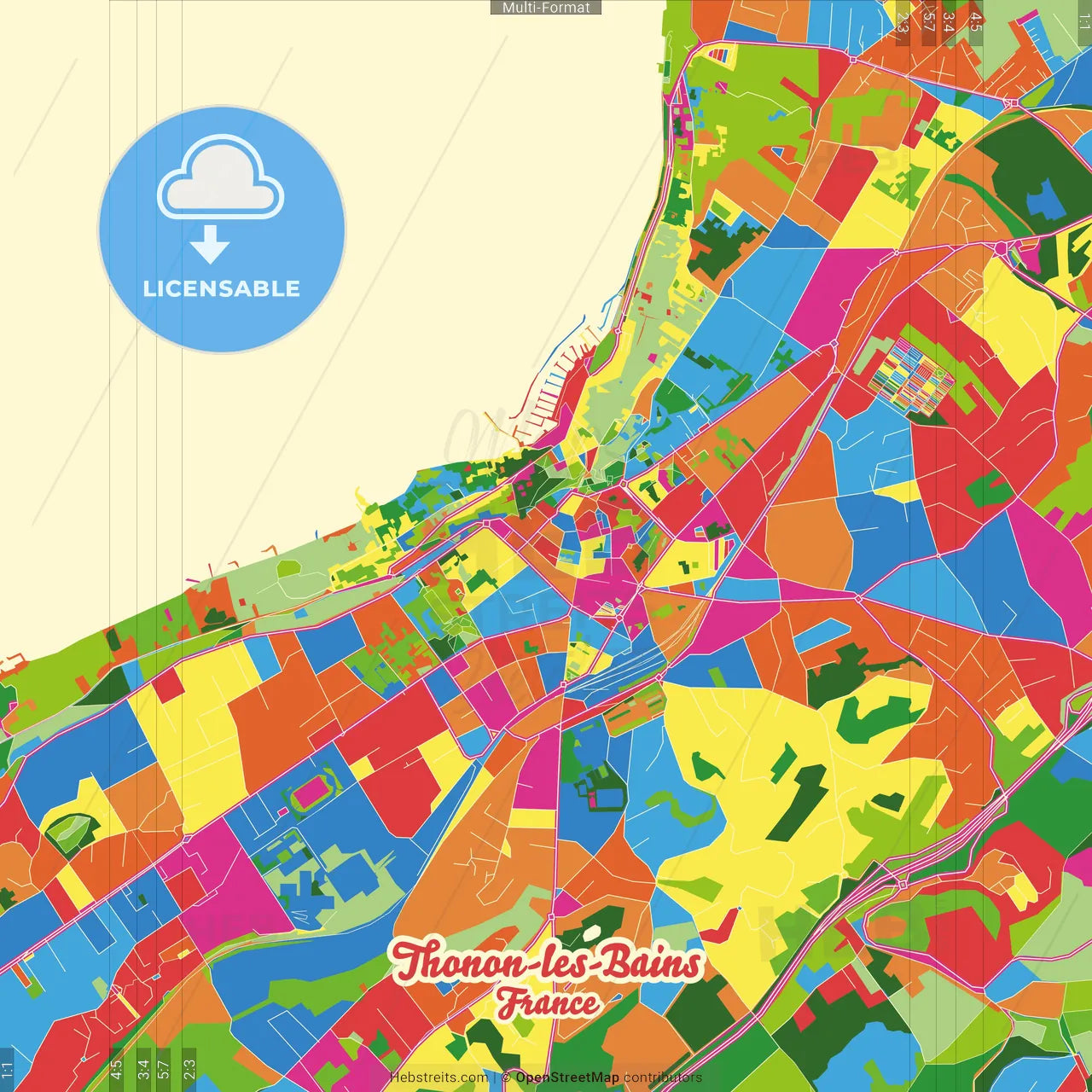 Thonon-les-Bains, Haute-Savoie, France Crazy Colorful Street Map Poster Template