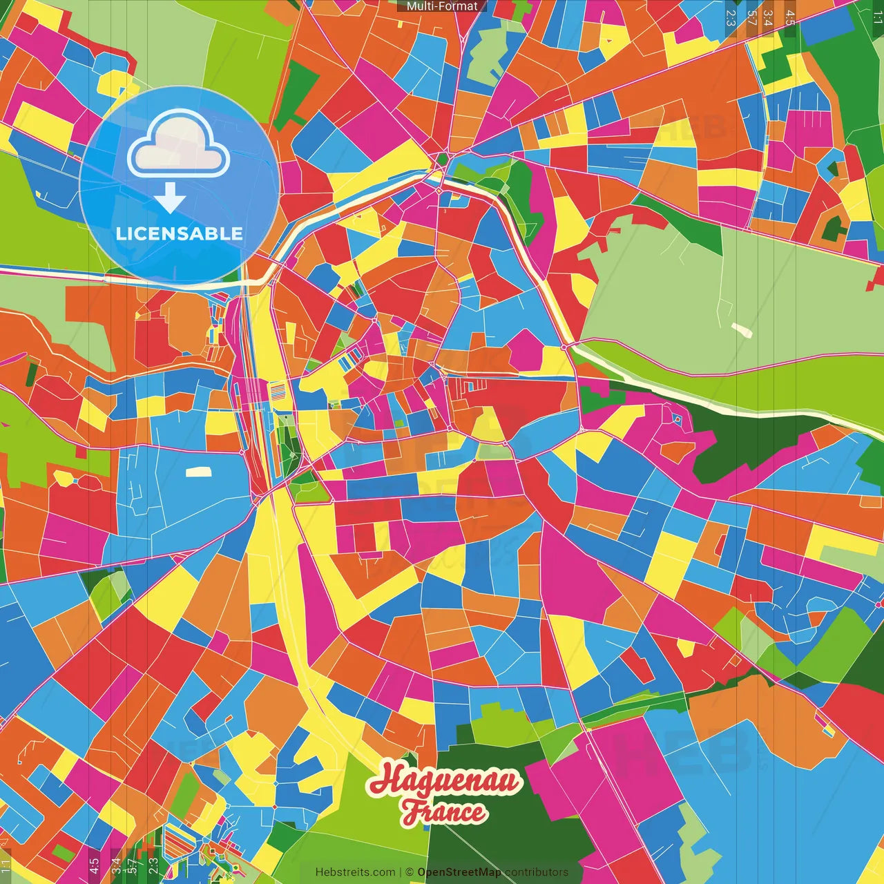 Haguenau, Bas-Rhin, France Crazy Colorful Street Map Poster Template