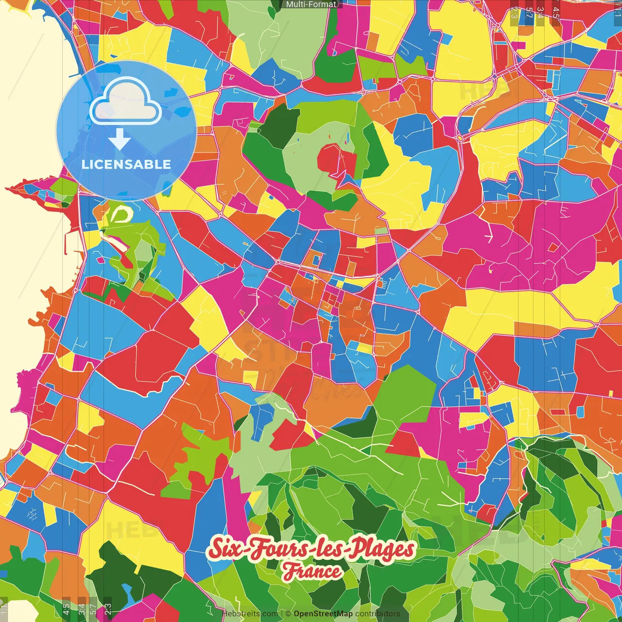 Six-Fours-les-Plages, Var, France Crazy Colorful Street Map Poster Template