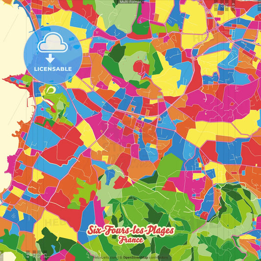 Six-Fours-les-Plages, Var, France Crazy Colorful Street Map Poster Template