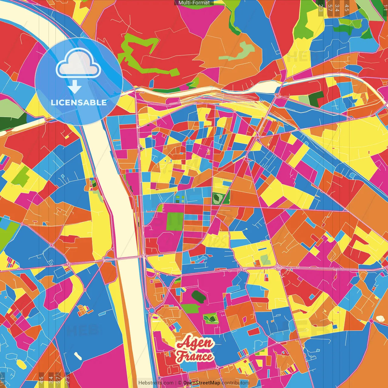 Agen, Lot-et-Garonne, France Crazy Colorful Street Map Poster Template