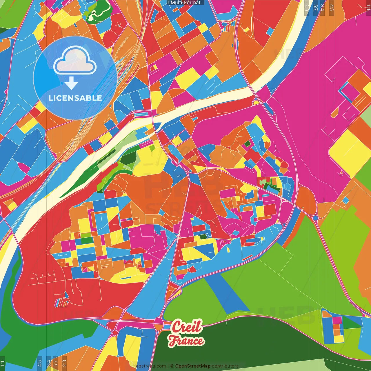 Creil, Oise, France Crazy Colorful Street Map Poster Template