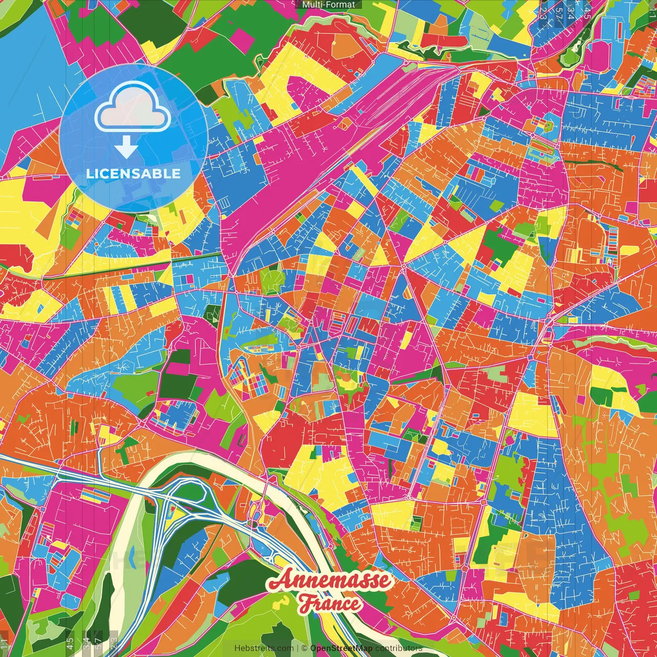 Annemasse, Haute-Savoie, France Crazy Colorful Street Map Poster Template