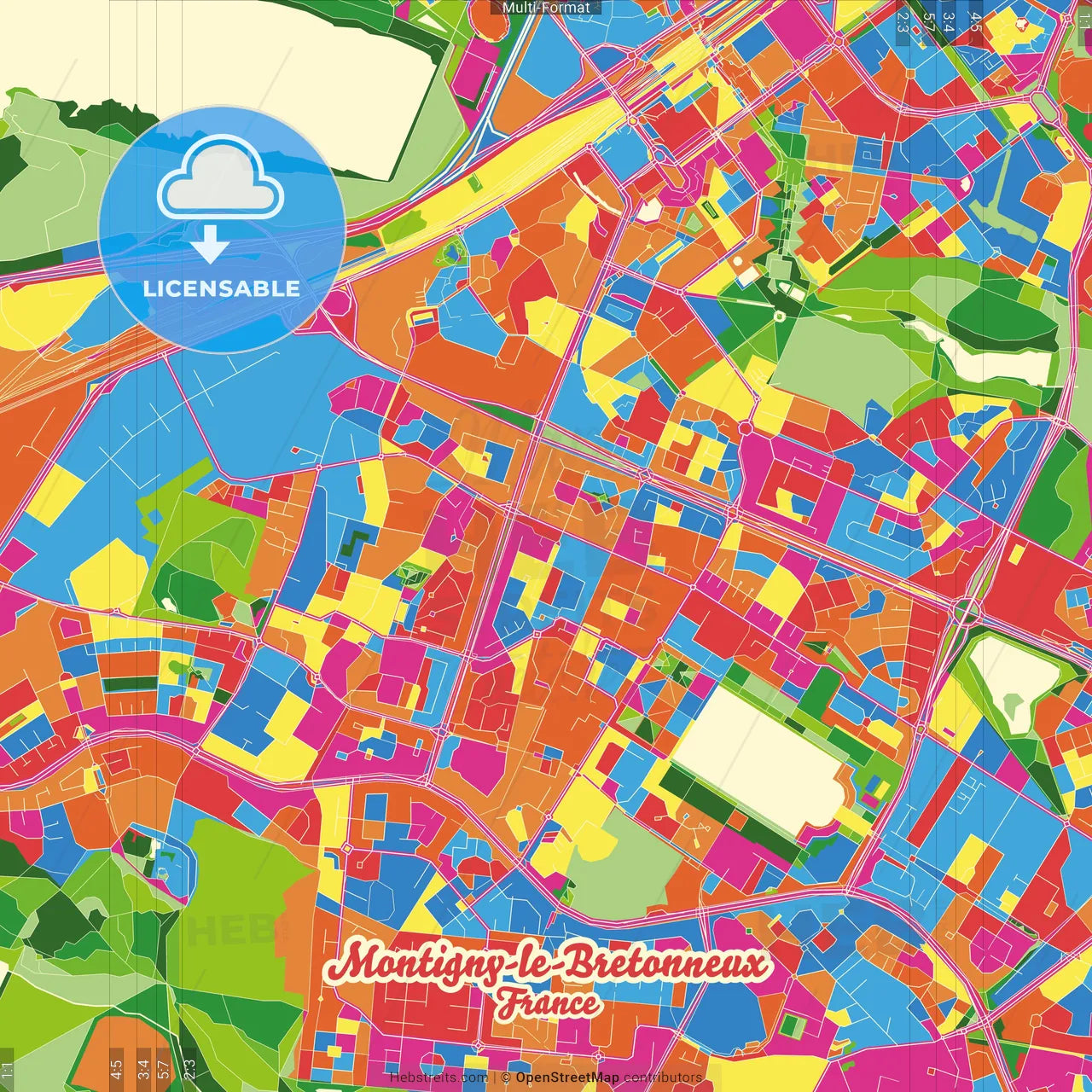 Montigny-le-Bretonneux, Yvelines, France Crazy Colorful Street Map Poster Template