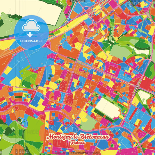 Montigny-le-Bretonneux, Yvelines, France Crazy Colorful Street Map Poster Template