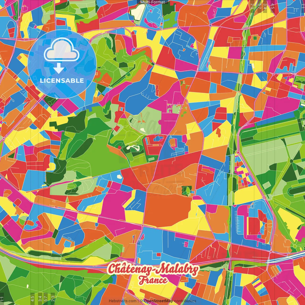 Châtenay-Malabry, Hauts-de-Seine, France Crazy Colorful Street Map Poster Template