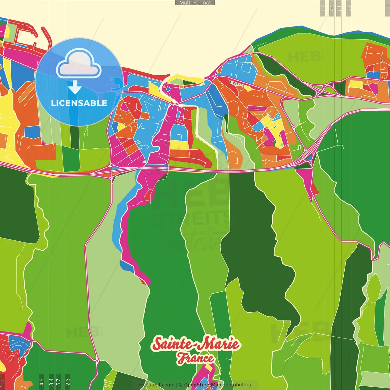 Sainte-Marie, Réunion, France Crazy Colorful Street Map Poster Template