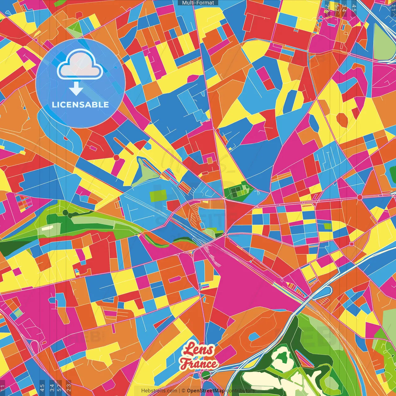 Lens, Pas-de-Calais, France Crazy Colorful Street Map Poster Template