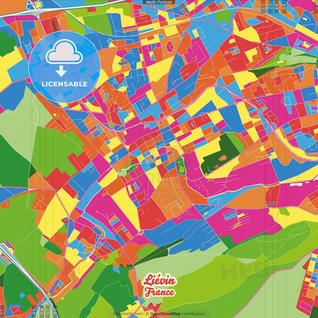 Liévin, Pas-de-Calais, France Crazy Colorful Street Map Poster Template
