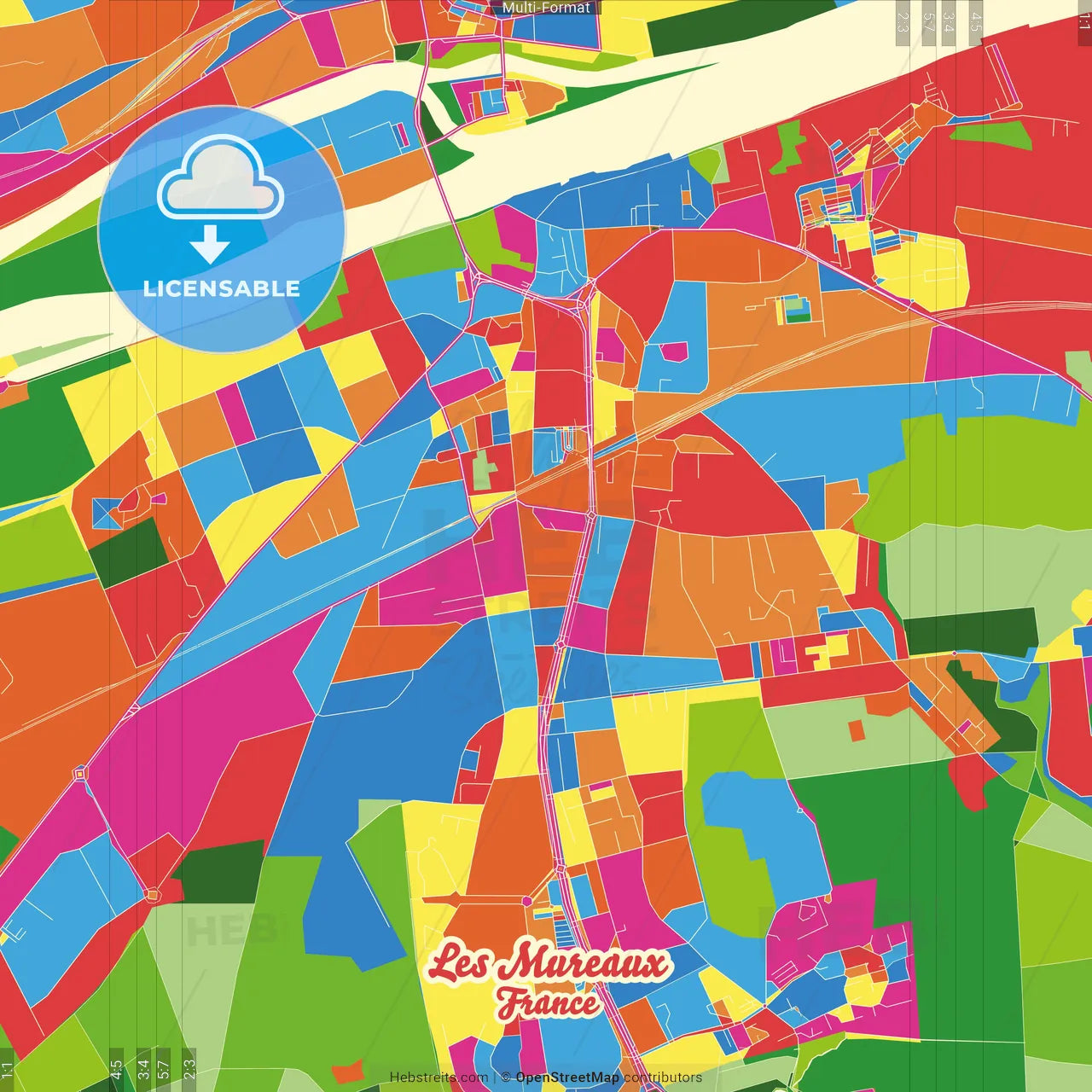 Les Mureaux, Yvelines, France Crazy Colorful Street Map Poster Template