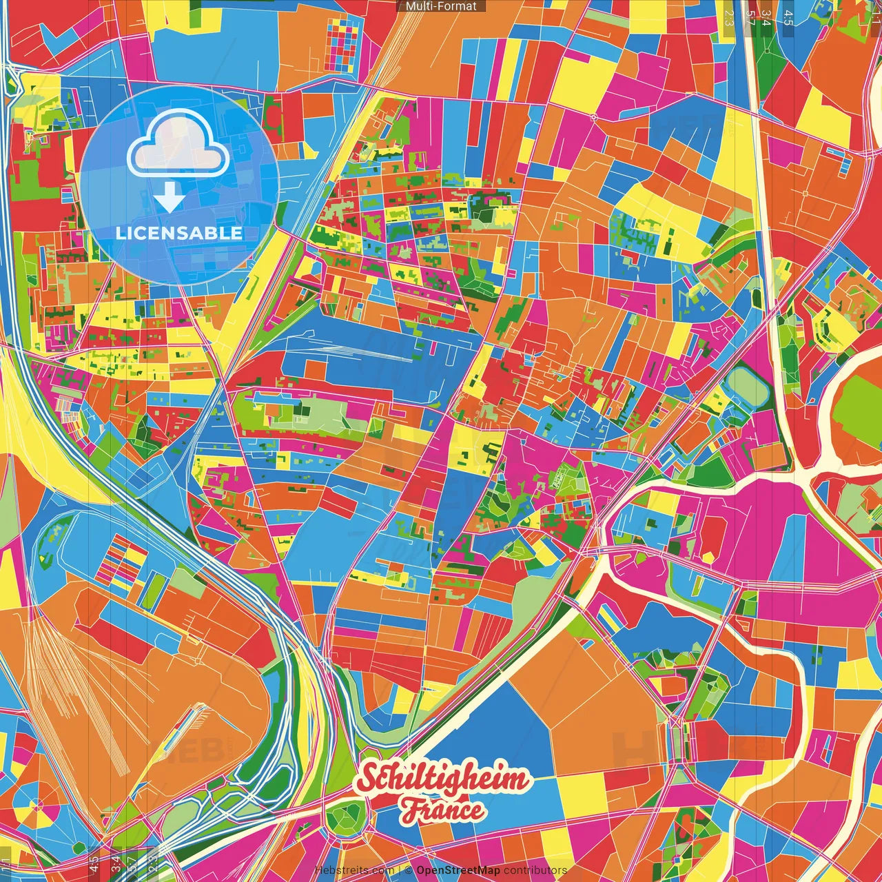 Schiltigheim, Bas-Rhin, France Crazy Colorful Street Map Poster Template