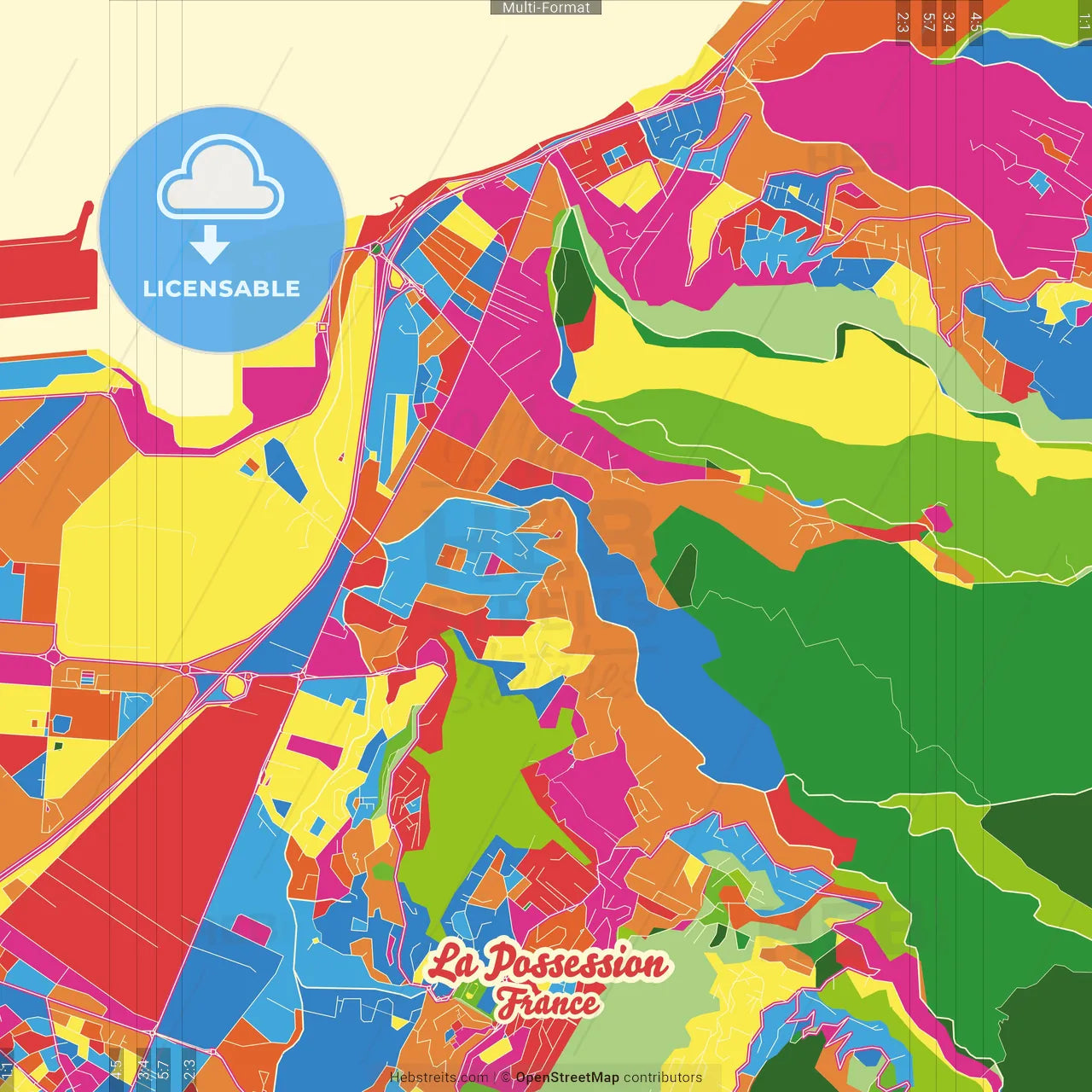La Possession, Réunion, France Crazy Colorful Street Map Poster Template