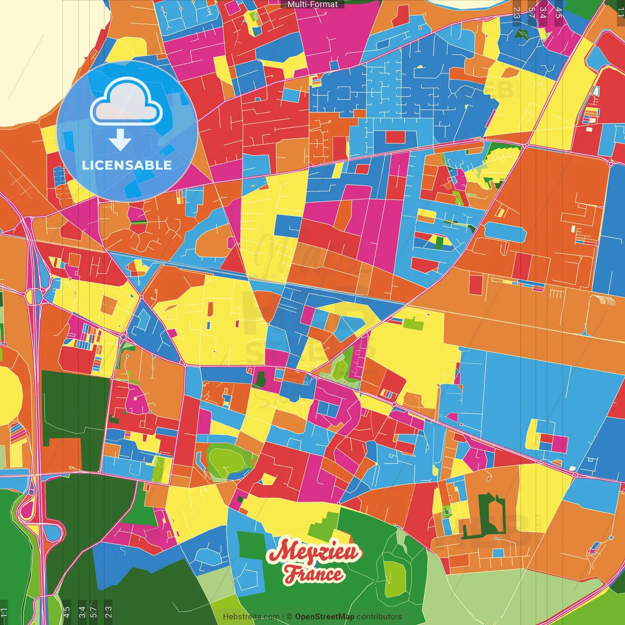 Meyzieu, Rhône, France Crazy Colorful Street Map Poster Template
