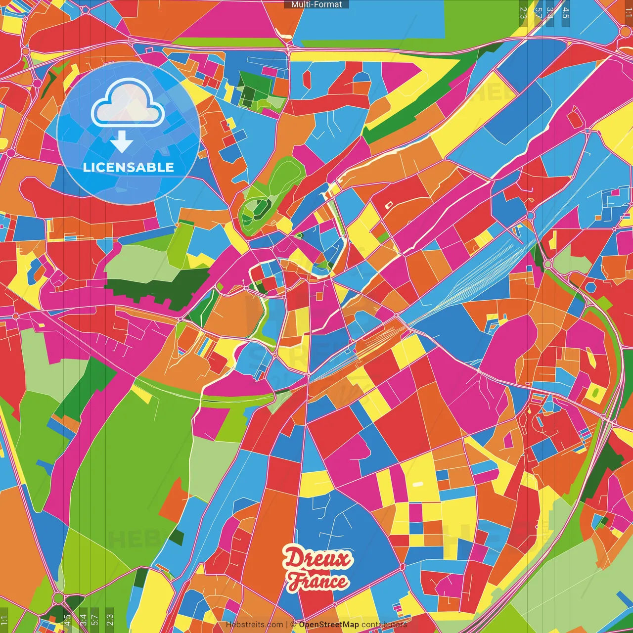 Dreux, Eure-et-Loir, France Crazy Colorful Street Map Poster Template