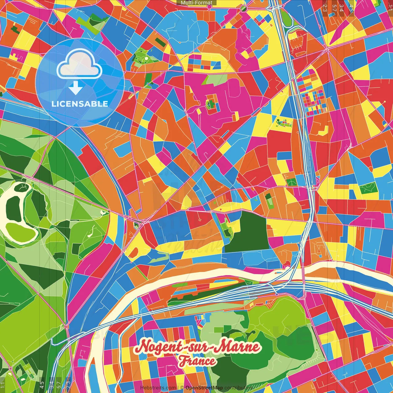 Nogent-sur-Marne, Val-de-Marne, France Crazy Colorful Street Map Poster Template